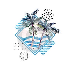 Watercolor palm tree print in geometric shape with memphis elements isolated on white background.
