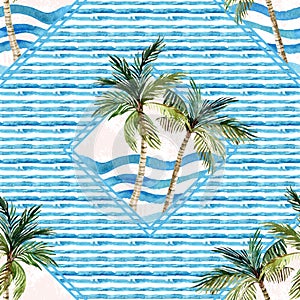 Watercolor palm tree print in geometric shape on striped background.