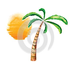 Watercolor palm tree and sun. Vector logo.