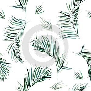 Watercolor palm tropical leaves seamless pattern illustration