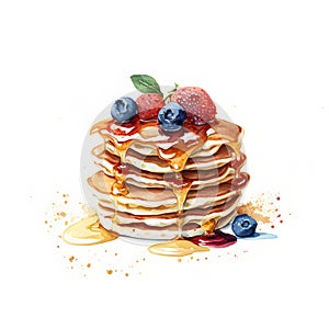 Watercolor Pancakes with blueberries, strawberries and maple syrup