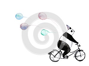 Watercolor panda on bike with balloons.