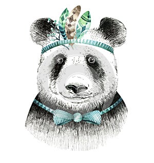 Watercolor panda illustration. Bohemian cute animal. Boho style.