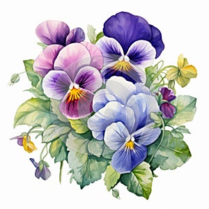 Watercolor Pansies And Leaves Painting On White Background