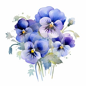 Watercolor Pansy Flowers: Symmetrical Arrangements In Light Purple And Dark Azure