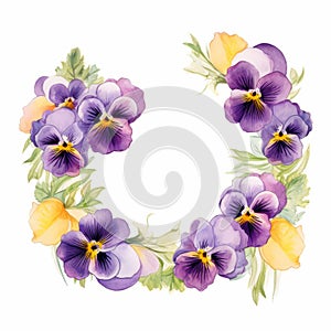 Watercolor Pansy Frame: Detailed Floral Wreath Of Spring Pansies