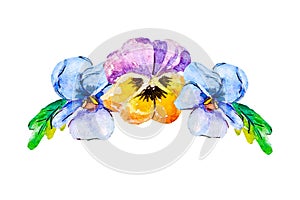 Watercolor pansy. Hand drawn floral illustration with leaves, viola flowers and branches isolated on white background