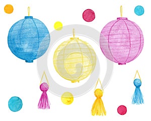 Watercolor paper chinese lanterns and tassels.