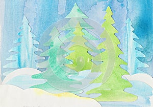 Watercolor Paper cut style winter forest landscape