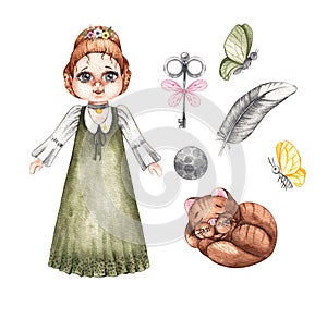 Watercolor paper doll and accessories