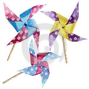 Watercolor paper polka dot windmills set. Hand drawn vintage pinwheel with retro design. Illustrations isolated on white