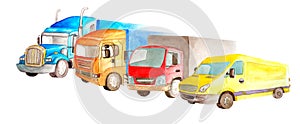 Watercolor park of trucks, lorries, van of different colors, truck models and designs stand side by side on a white background