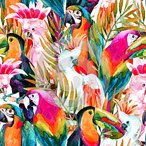 Watercolor parrots seamless pattern