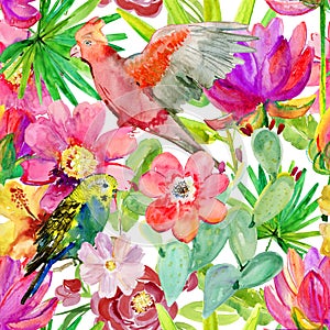 Watercolor parrots seamless pattern on tropical leaves background.