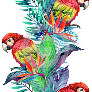 Watercolor parrots with tropical flowers seamless pattern