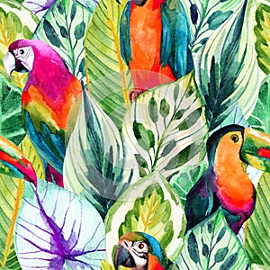 Watercolor parrots and tropical leaves seamless pattern