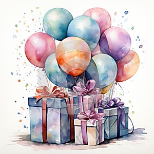 Watercolor party illustration with balloons and present boxes. Generative AI