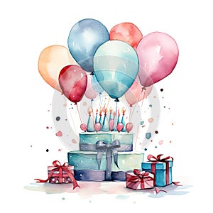 Watercolor party illustration with balloons and present boxes. Generative AI