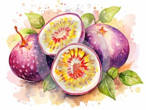 Watercolor Passion Fruit Isolated, Aquarelle Ripe Passiflora, Creative Watercolor Maracuya on White