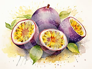 Watercolor Passion Fruit Isolated, Aquarelle Ripe Passiflora, Creative Watercolor Maracuya on White