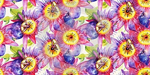 Watercolor Passion Fruit Seamless Pattern, Aquarelle Ripe Passiflora, Creative Watercolor Maracuya Tile