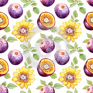 Watercolor Passion Fruit Seamless Pattern, Aquarelle Ripe Passiflora, Creative Watercolor Maracuya Tile