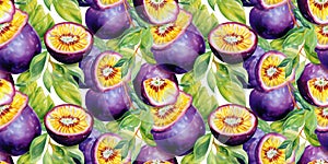 Watercolor Passion Fruit Seamless Pattern, Aquarelle Ripe Passiflora, Creative Watercolor Maracuya Tile