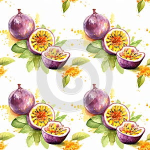 Watercolor Passion Fruit Seamless Pattern, Aquarelle Ripe Passiflora, Creative Watercolor Maracuya Tile