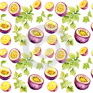 Watercolor Passion Fruit Seamless Pattern, Aquarelle Ripe Passiflora, Creative Watercolor Maracuya Tile