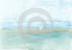 Watercolor pastel blue and brown background texture. Abstract watercolour landscape. Stains on paper, hand painted