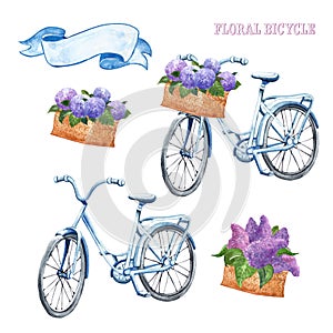 Watercolor pastel blue vintage bicycle set. Hand drawn beach cruiser with basket and purple lilac and hydrangea flowers, isolated