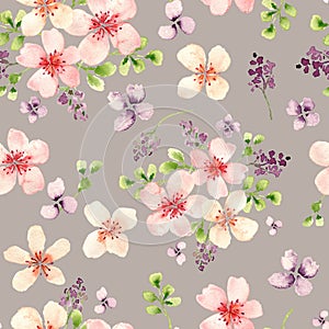 Watercolor pastel color flowers seamless pattern. Gentle design peach flowers hand drawn elements