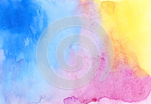 Watercolor pastel colorful background texture. Watercolour blue, pink, yellow backdrop. Stains on paper, hand painted