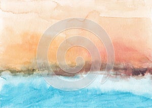Watercolor pastel orange and blue background texture. Abstract watercolour landscape. Stains on paper, hand painted