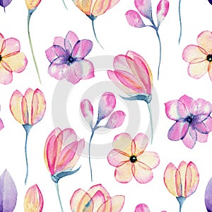 Watercolor pastel pink apple blossom flowers seamless pattern