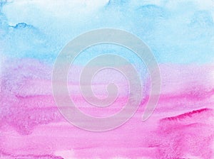 Watercolor pastel pink and blue background. Multicolored light watery soft backdrop.