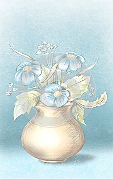 Watercolor and pastel sketch of vase with blue flowers