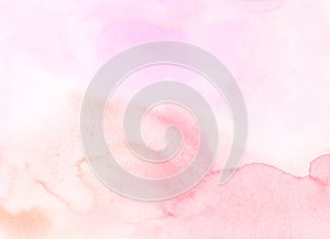 Watercolor pastel soft pink background painting. Watercolour light peach and fuchsia liquid backdrop. Stains on paper