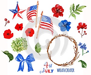 Watercolor patriotic wreath creator. 4th of july symbols, isolated on white background. USA flags, poppies