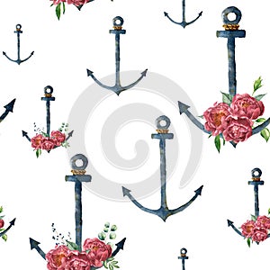 Watercolor pattern with anchor and peony flower. Hand painted vintage nautical illustration with floral decor isolated