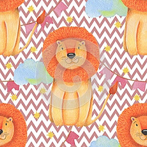 Watercolor pattern animal cute lion circus on a white background, star, garland, clouds. Hand draw illustration.