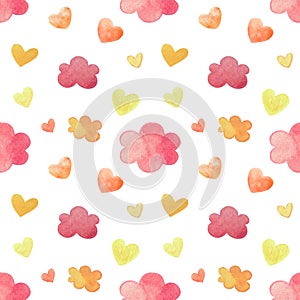 Watercolor pattern with autumn clouds and hearts in the color of the leaves. Seamless background fall elements