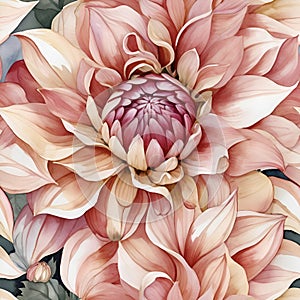 Watercolor pattern of blooming dahlia flowers, seamless and elegant. photo