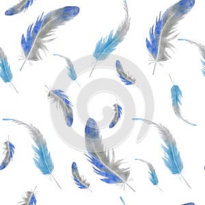 Watercolor pattern with blue feathers