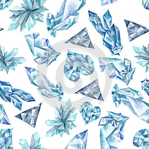 Watercolor Pattern with blue gems on white background