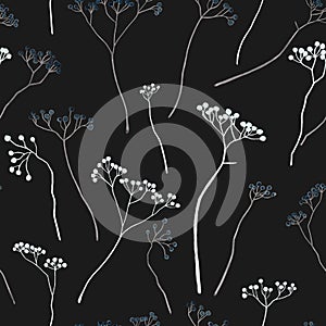 Watercolor pattern of branches with white little berries for design on dark background. Watercolor plant, vintage style.