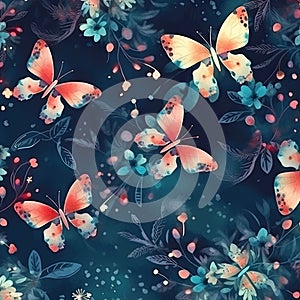 Watercolor pattern with butterflies, flowers and leaves. Aquamarine and crimson colors. Generative AI