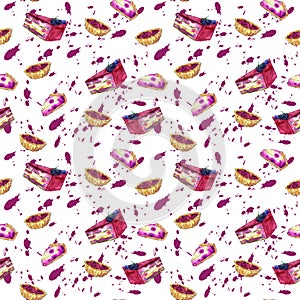 Watercolor pattern with cake and berries on a white background pattern