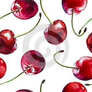 Watercolor pattern with cherries isolate on a white background, artistic painting berries