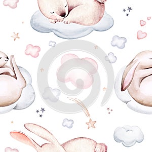 Watercolor pattern for children with sleeping bunny. Rabbit print for baby fabric, poster pink with beige and blue clouds, moon,
